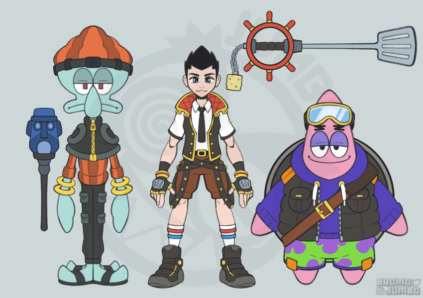 3boys alternate_color alternate_costume alternate_eye_color alternate_hair_color alternate_hair_length alternate_hairstyle alternate_universe big_nose black_hair blue_eyes bromojumbo crossover highres keyblade long_sleeves looking_at_viewer multiple_boys nickelodeon patrick_star red_eyes short_hair smile sora_(kingdom_hearts) spiked_hair spongebob_squarepants_(series) squid squidward_tentacles starfish toon_(style)