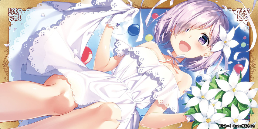 :d artist_name bare_shoulders blue_sky bouquet breasts choker day dress dress_lift eyebrows_visible_through_hair eyes_visible_through_hair fate/grand_order fate_(series) flower gloves hair_flower hair_ornament hair_over_one_eye highres large_breasts looking_at_viewer mash_kyrielight masuishi_kinoto open_mouth outdoors petals purple_eyes purple_hair ribbon_choker sky smile solo strapless strapless_dress white_dress white_gloves