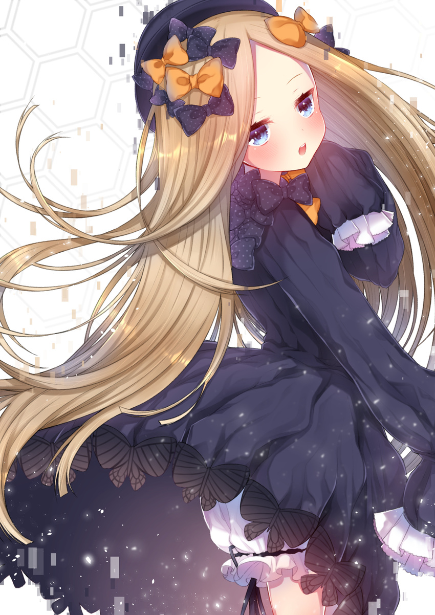 abigail_williams_(fate/grand_order) akirannu bangs black_bow black_dress black_hat blonde_hair bloomers blue_eyes blush bow bug butterfly cowboy_shot dress fate/grand_order fate_(series) forehead glitch hair_bow hat hexagon highres honeycomb_(pattern) honeycomb_background insect long_hair long_sleeves looking_at_viewer looking_to_the_side open_mouth orange_bow parted_bangs polka_dot polka_dot_bow sleeves_past_fingers sleeves_past_wrists solo underwear upper_teeth very_long_hair white_background white_bloomers