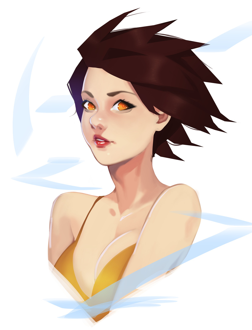 bad_id bad_pixiv_id breasts brown_hair cleavage collarbone commentary dress highres light_smile lipgloss looking_at_viewer making_of medium_breasts nose orange_dress orange_eyes overwatch parted_lips red_lips short_hair simple_background sleeveless sleeveless_dress solo spaghetti_strap spiked_hair tracer_(overwatch) upper_body white_background yeedeea