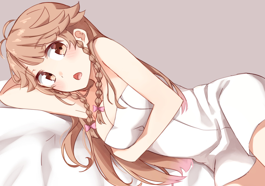 antenna_hair bangs bed_sheet blush bow braid breasts brown_background brown_eyes cleavage eyebrows_visible_through_hair hair_bow high_school_fleet highres kapatarou large_breasts light_brown_hair long_hair looking_at_viewer lying naked_towel nosa_kouko on_side open_mouth pink_bow solo towel twin_braids
