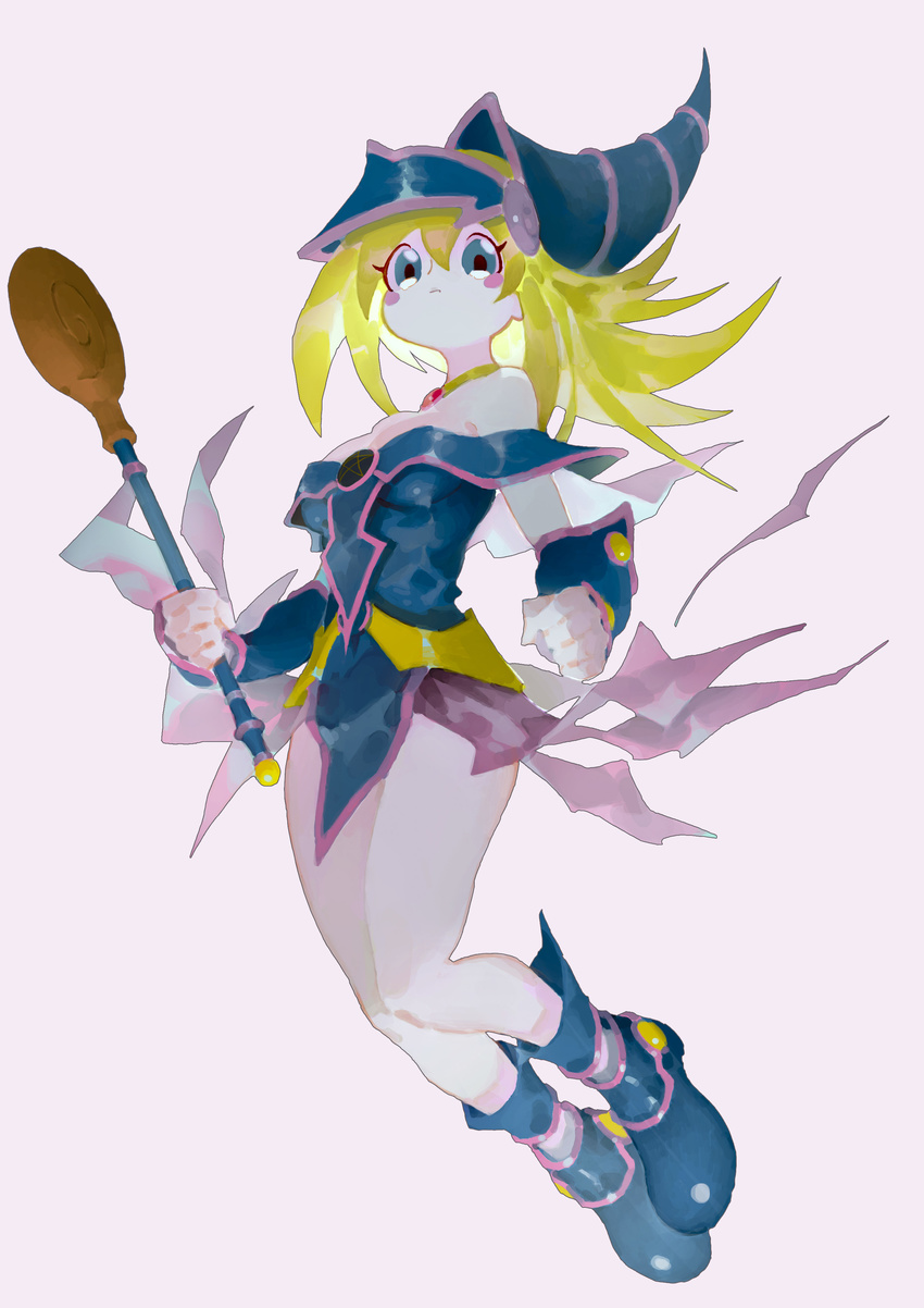 1girl artist_request bare_legs bare_shoulders blonde_hair blush boots breasts cape choker cleavage collarbone dark_magician_girl duel_monster female hair_between_eyes hat long_hair magical_girl solo staff wizard_hat yu-gi-oh!
