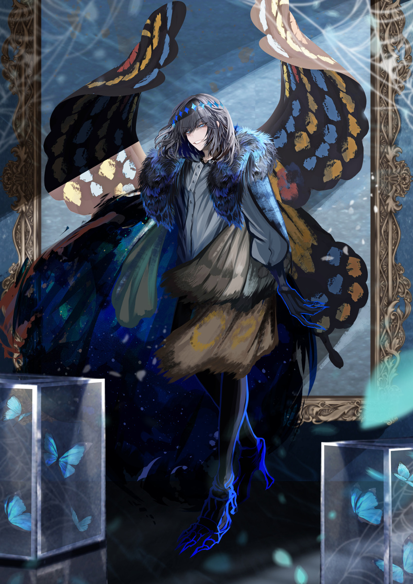 1boy absurdres antinese arthropod_boy black_hair blue_butterfly blue_eyes bug butterfly butterfly_wings cape collared_shirt crown diamond_hairband fate/grand_order fate_(series) full_body fur-trimmed_cape fur_trim highres insect_wings long_sleeves looking_at_viewer male_focus medium_hair oberon_(fate) oberon_(third_ascension)_(fate) official_alternate_hair_color shirt smile solo white_shirt wing_cape wings