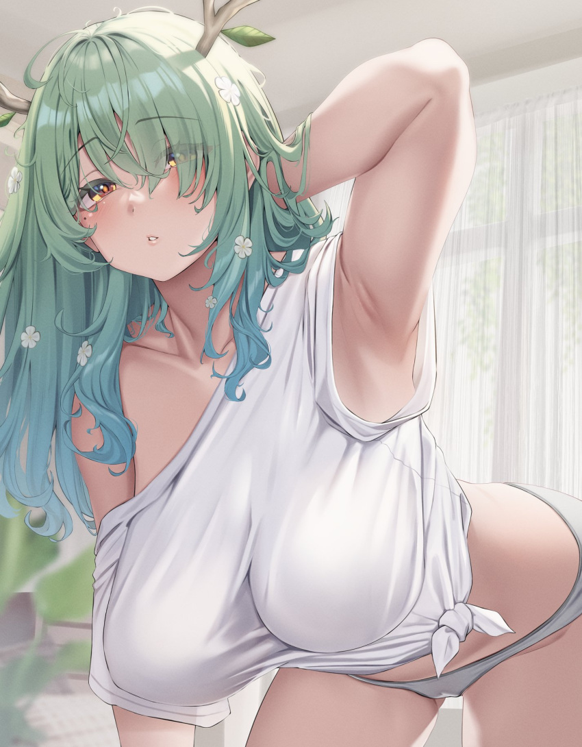 1girl antlers blush branch breasts ceres_fauna flower green_hair hair_flower hair_ornament highres hololive hololive_english horns large_breasts long_hair looking_at_viewer messy_hair moisture_(chichi) mole mole_under_eye multicolored_hair no_bra panties shirt sleepy solo t-shirt underwear virtual_youtuber yellow_eyes