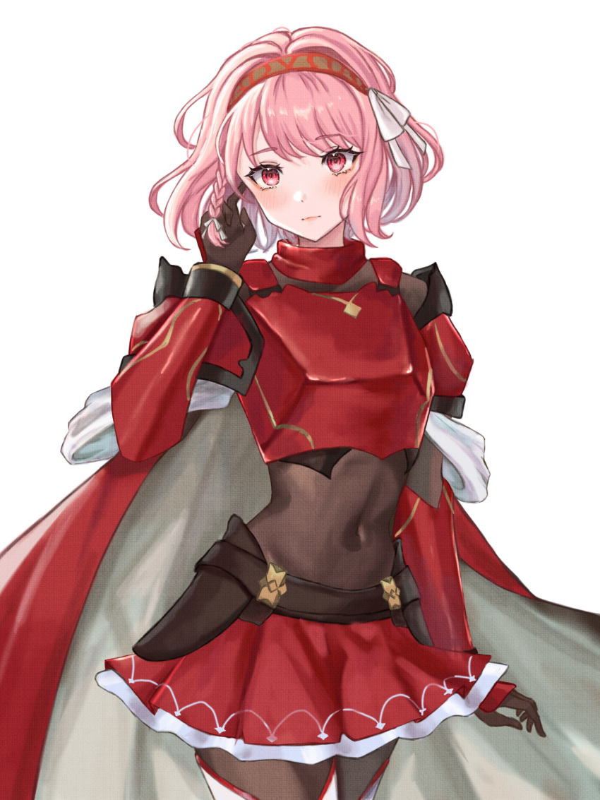 1girl armor breastplate commentary_request covered_navel cowboy_shot fire_emblem fire_emblem_engage grey_background hair_ribbon hairband highres lapis_(fire_emblem) looking_at_viewer miniskirt pink_eyes pink_hair red_hairband red_skirt ribbon short_hair shoulder_armor simple_background skirt solo standing white_ribbon zqzbq