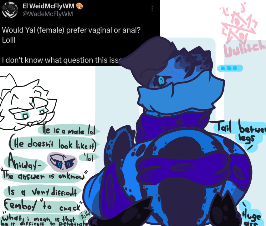 angry anthro armor ask_blog ass_up big_butt birthmark blue_body blue_eyes blue_fur butt clothed clothing dialogue digital_media_(artwork) dinosaur dromaeosaurid duo english_text female femboy fur hair hi_res horn huge_butt huge_hips kneeling looking_at_viewer looking_back male markings meme meme_clothing reptile scalie simple_background solo speech_bubble tail tail_between_legs text theropod thick_thighs topwear twitter ulit uulitch what wide_hips yal