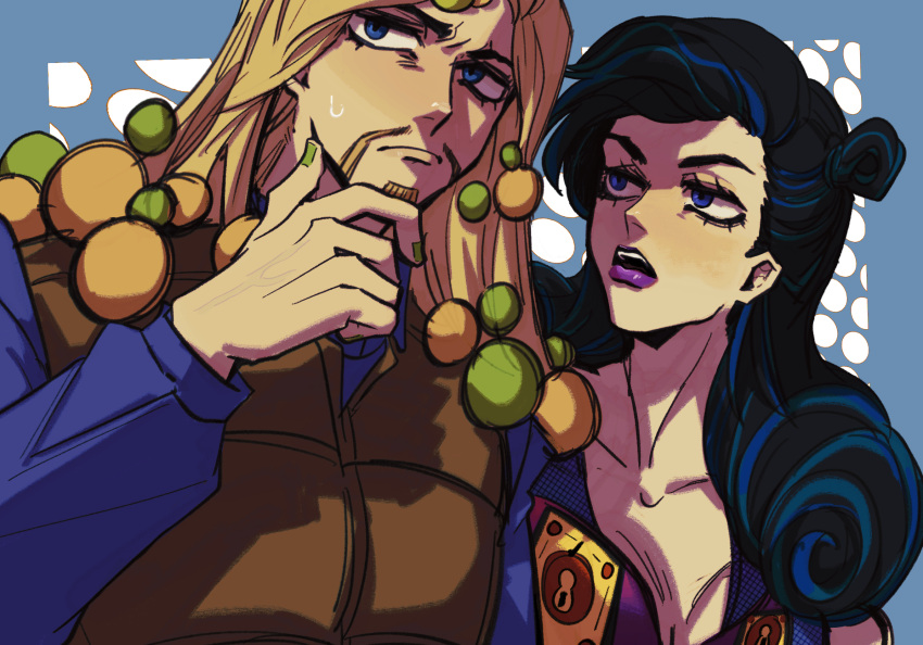 1boy 1girl averting_eyes black_hair blonde_hair blue_background blue_eyes breasts cleavage double_bun facial_hair hair_bun hand_on_own_chin higashikata_kato higashikata_norisuke_iv highres jojo_no_kimyou_na_bouken jojolion lipstick makeup mature_female mature_male nail_polish parted_lips swampland sweatdrop vest