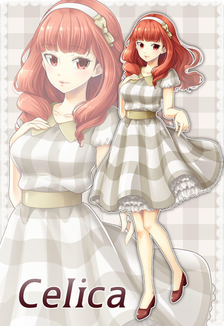 alternate_costume breasts celica_(fire_emblem) character_name checkered contemporary dress fire_emblem fire_emblem_echoes:_mou_hitori_no_eiyuuou frills full_body hairband hand_on_own_chest high_heels highres long_hair looking_at_viewer medium_breasts plaid plaid_background plaid_dress red_eyes red_hair smile solo standing yuino_(fancy_party) zoom_layer
