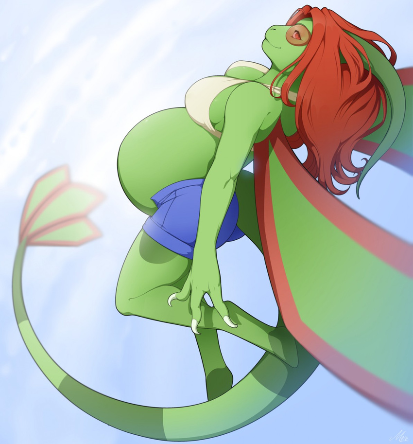 3_fingers anthro belly big_belly big_breasts bra breasts clothed clothing female flygon flying green_skin hair madamsquiggles maya_o'neil nintendo partially_clothed pok&eacute;mon pok&eacute;mon_(species) pok&eacute;morph pregnant red_eyes red_skin shorts sky smile solo stripes underwear video_games wings