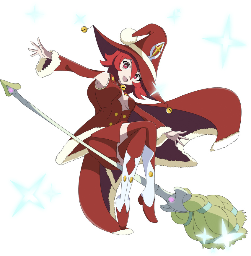 armpits bell breasts broom broom_riding cape christmas full_body fur_trim hat highres jingle_bell little_witch_academia looking_at_viewer open_mouth red_eyes red_hair shiny_chariot showers-u sidesaddle small_breasts solo transparent_background witch_hat
