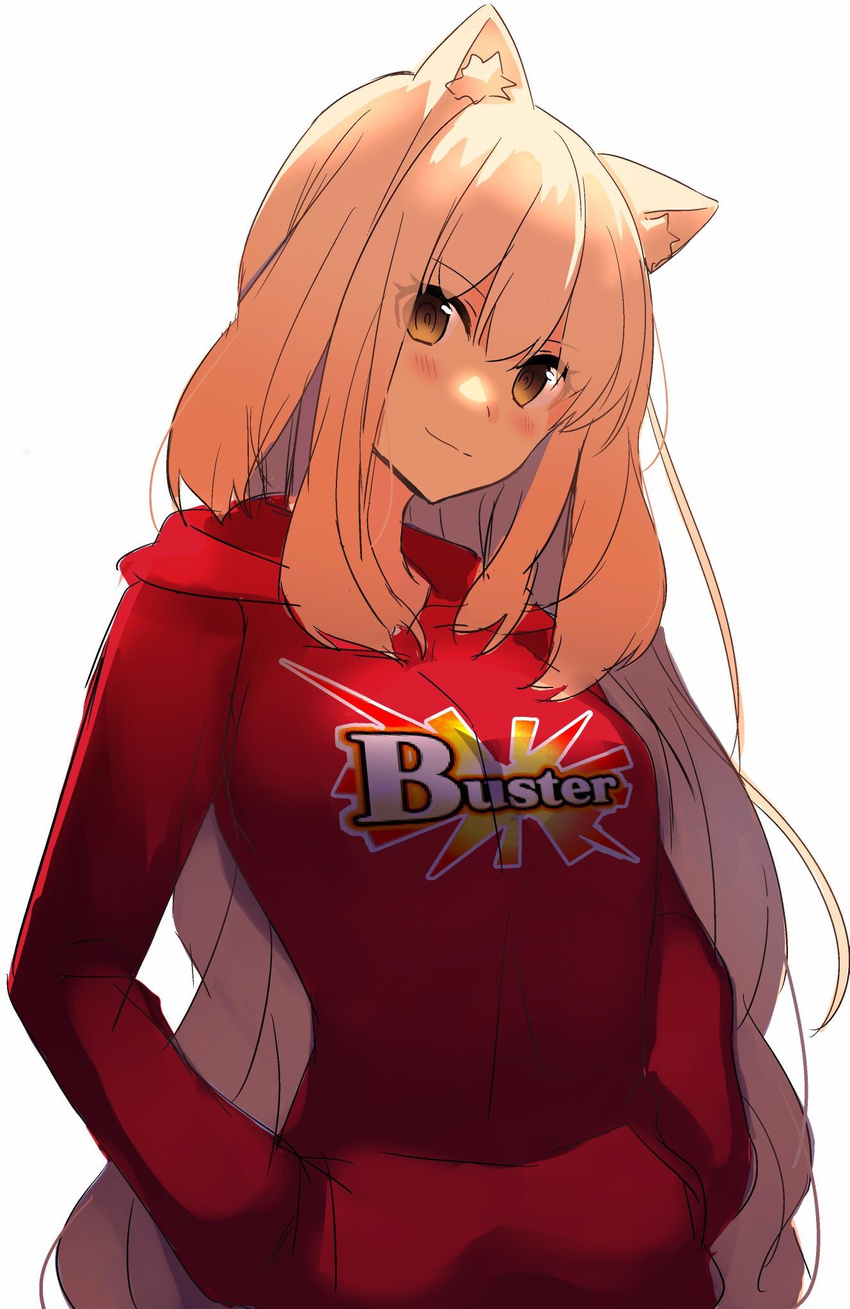 animal_ears bangs blush closed_mouth commentary_request eyebrows_visible_through_hair fate/grand_order fate_(series) hair_between_eyes hands_in_pocket highres hood hood_down hoodie long_hair long_sleeves looking_at_viewer nyokichi_(nyokitto!) orange_hair red_hoodie simple_background smile solo standing suzuka_gozen_(fate) upper_body very_long_hair white_background yellow_eyes