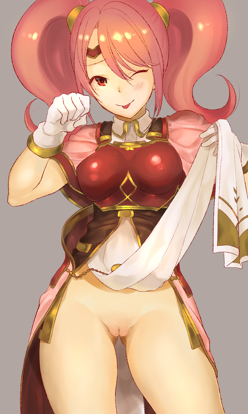 ;p ass_visible_through_thighs bare_legs blush breastplate cape circlet commentary_request dress eyebrows fire_emblem fire_emblem_echoes:_mou_hitori_no_eiyuuou fire_emblem_heroes hair_between_eyes highres mae_(fire_emblem) one_eye_closed pink_hair pussy red_eyes simple_background sleeveless sleeveless_dress solo tabard tabard_lift tanakananataka3 tongue tongue_out twintails underwear upper_body