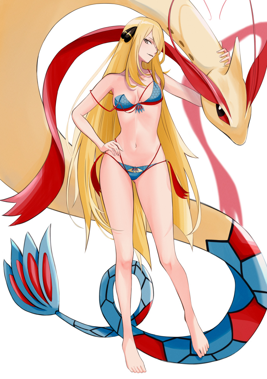 1girl absurdres alternate_costume aqua_bikini barefoot bikini blonde_hair breasts closed_mouth commentary_request cynthia_(pokemon) feet grey_eyes hair_ornament hair_over_one_eye hand_on_own_hip hand_up highres kashumashux51 knees legs long_hair md5_mismatch medium_breasts milotic navel pokemon pokemon_(creature) pokemon_dppt revision simple_background smile strap_slip swimsuit toes very_long_hair white_background