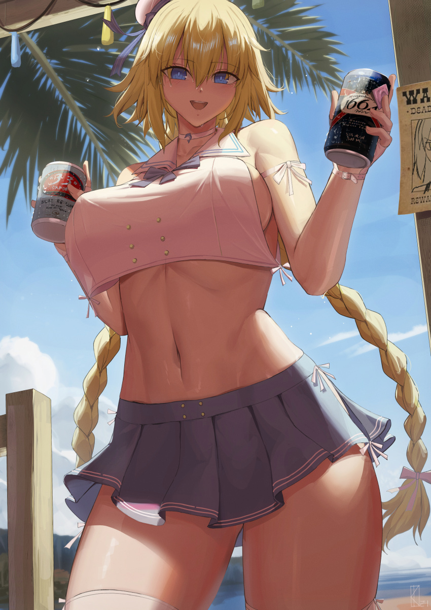1girl absurdres alternate_costume bare_shoulders blonde_hair blue_eyes blue_skirt blush bow braid breasts can choker commentary cowboy_shot day english_commentary fate/grand_order fate_(series) hair_bow hair_ornament highres holding holding_can jeanne_d'arc_(fate) kakeku large_breasts long_hair looking_at_viewer navel outdoors pink_bow pleated_skirt sideboob skirt smile solo stomach thighs twin_braids white_choker