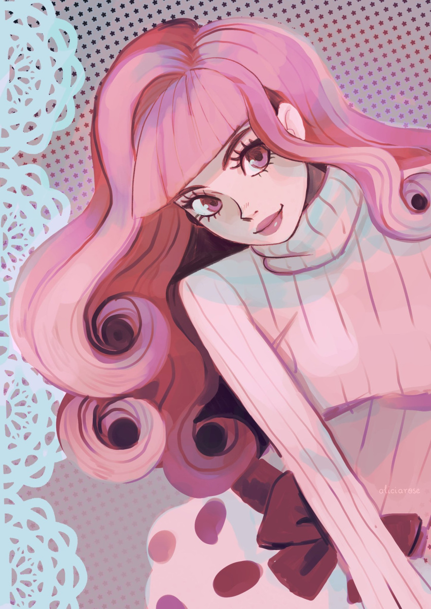 1boy alicia_rose artist_name blunt_bangs bow english_commentary highres koibuchi_kuranosuke kuragehime long_hair long_sleeves looking_to_the_side makeup mascara pink_eyes pink_hair pink_lips pink_sweater pink_theme sidelocks smile solo sweater turtleneck turtleneck_sweater vertical-striped_sweater