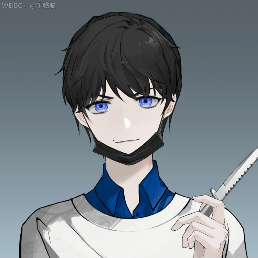 1boy black_hair black_mask blue_background blue_eyes blue_undershirt character_request chinese_commentary closed_mouth collared_shirt commentary_request fingernails gradient_background highres holding holding_syringe light_smile looking_at_viewer male_focus mask mole mole_above_mouth mouth_mask qian_linlin real_life shirt short_hair simple_background snow_man_(jpop) solo straight-on syringe upper_body white_shirt