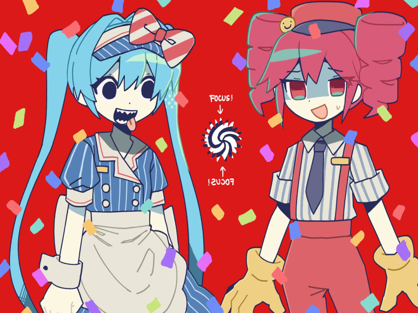 2girls apron arrow_(symbol) black_eyes black_necktie blue_dress blue_hat buttons collared_dress collared_shirt confetti crazy dress drill_hair empty_eyes english_commentary english_text gloves hair_between_eyes hair_intakes hat hatsune_miku highres kasane_teto kokum0tsu long_hair looking_at_another looking_at_viewer medium_hair mesmerizer_(vocaloid) multiple_girls necktie open_mouth pants pinstripe_dress pinstripe_hat pinstripe_pattern puffy_short_sleeves puffy_sleeves red_background red_eyes red_hat red_pants red_suspenders shaded_face sharp_teeth shirt short_sleeves sidelocks simple_background spiral striped_clothes striped_dress striped_headwear striped_shirt sweat sweatdrop synthesizer_v teeth tongue tongue_out twin_drills twintails utau vertical-striped_clothes vertical-striped_dress vertical-striped_headwear vertical-striped_shirt very_long_hair visor_cap vocaloid white_shirt white_wrist_cuffs wrist_cuffs yellow_gloves