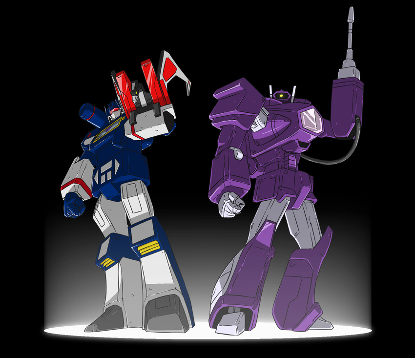 80s arm_cannon bird cannon commentary_request dark_background decepticon eagle full_body gicchon glowing highres insignia laserbeak looking_at_viewer multiple_boys no_humans oldschool red_eyes shockwave_(transformers) soundwave transformers weapon