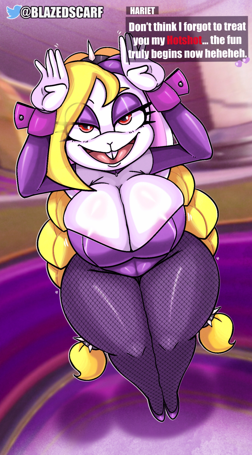 absurd_res accessory anthro big_breasts big_butt blazedscarf blonde_hair braided_hair breasts broodal butt clothing dialogue english_text female fishnet_clothing fishnet_legwear footwear hair hair_accessory hariet_(mario) hi_res lagomorph legwear long_hair looking_at_viewer mammal mario_bros nintendo pigtails red_eyes shoes solo super_mario_odyssey talking_to_viewer text thick_thighs tight_clothing voluptuous_female wide_hips