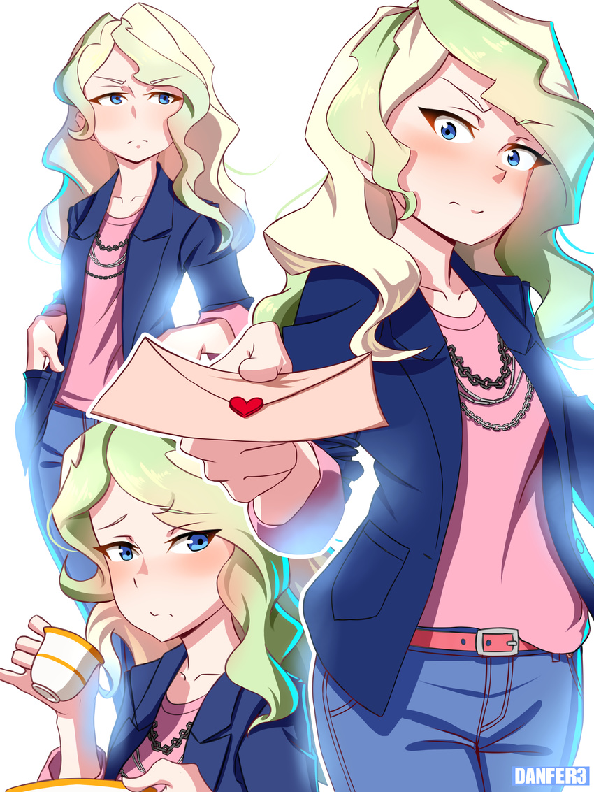 absurdres alternate_costume artist_name belt belt_buckle blonde_hair blue_eyes blush buckle casual collarbone cowboy_shot cup danfer3 denim diana_cavendish embarrassed hand_in_pocket heart highres holding holding_cup holding_letter jacket jeans jewelry letter light_green_hair little_witch_academia long_hair long_sleeves looking_at_viewer looking_to_the_side looking_up love_letter multicolored_hair multiple_views necklace nose_blush open_clothes open_jacket pants pink_shirt pov shirt simple_background standing teacup two-tone_hair v-shaped_eyebrows wavy_hair white_background