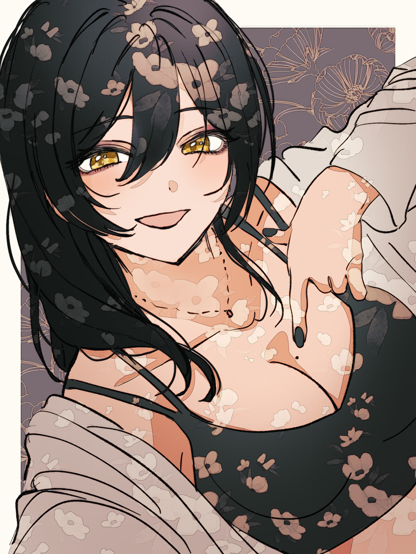 1girl black_bra black_hair blush bra breasts cleavage collarbone fingernails floral_background grey_shirt hair_between_eyes highres idolmaster idolmaster_shiny_colors jewelry long_hair mole mole_on_breast nail_polish necklace open_clothes open_shirt paddy_field shirase_sakuya shirt smile solo underwear upper_body yellow_eyes