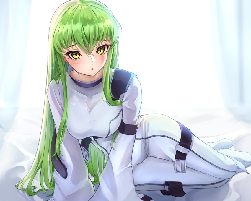 belt belt_buckle black_belt blush bodysuit breasts buckle c.c. code_geass green_hair highres long_hair marine_cat multiple_belts white_bodysuit yellow_eyes