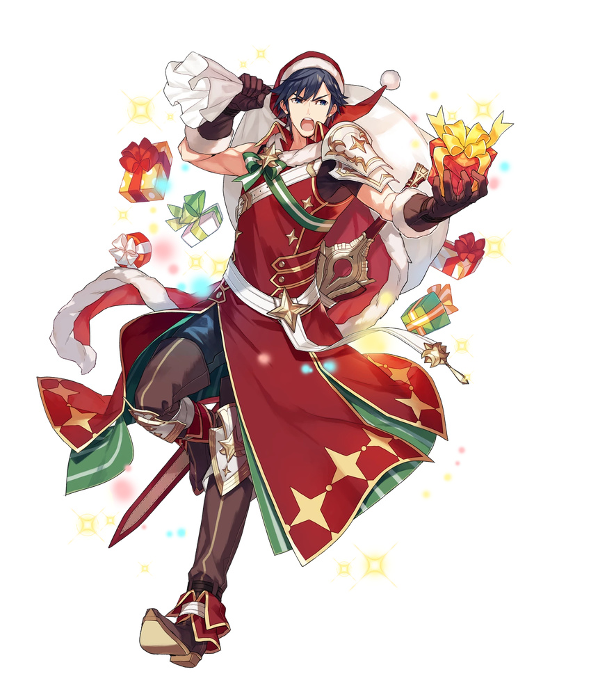 armor asymmetrical_sleeves bangs blue_eyes blue_hair boots box cape ebira falchion_(fire_emblem) fire_emblem fire_emblem:_kakusei fire_emblem_heroes full_body fur_trim gift gift_box gloves hand_on_hip hat highres holding krom looking_at_viewer male_focus official_art open_mouth pants sack santa_costume santa_hat sheath sheathed shoulder_armor sleeveless solo sparkle sword thigh_boots thighhighs transparent_background weapon