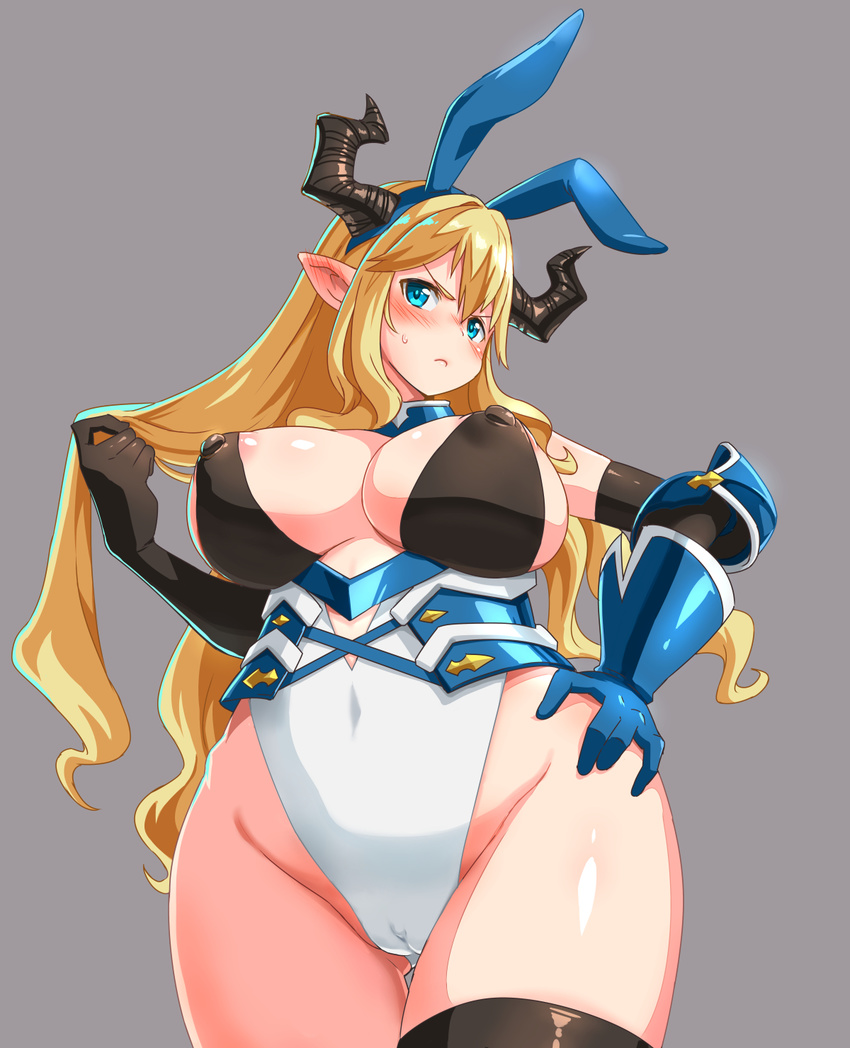 animal_ears areola_slip areolae black_gloves black_legwear blonde_hair blue_eyes blush breasts bunny_ears bunnysuit cameltoe closed_mouth covered_nipples curvy ear_blush elbow_gloves frown gauntlets gloves granblue_fantasy grey_background hand_on_hip hand_up highleg highleg_leotard highres hips horns huge_breasts leotard long_hair nipple_slip nipples pointy_ears puffy_nipples rastina simple_background solo sweatdrop thighhighs thighs v-shaped_eyebrows white_leotard zaxwu