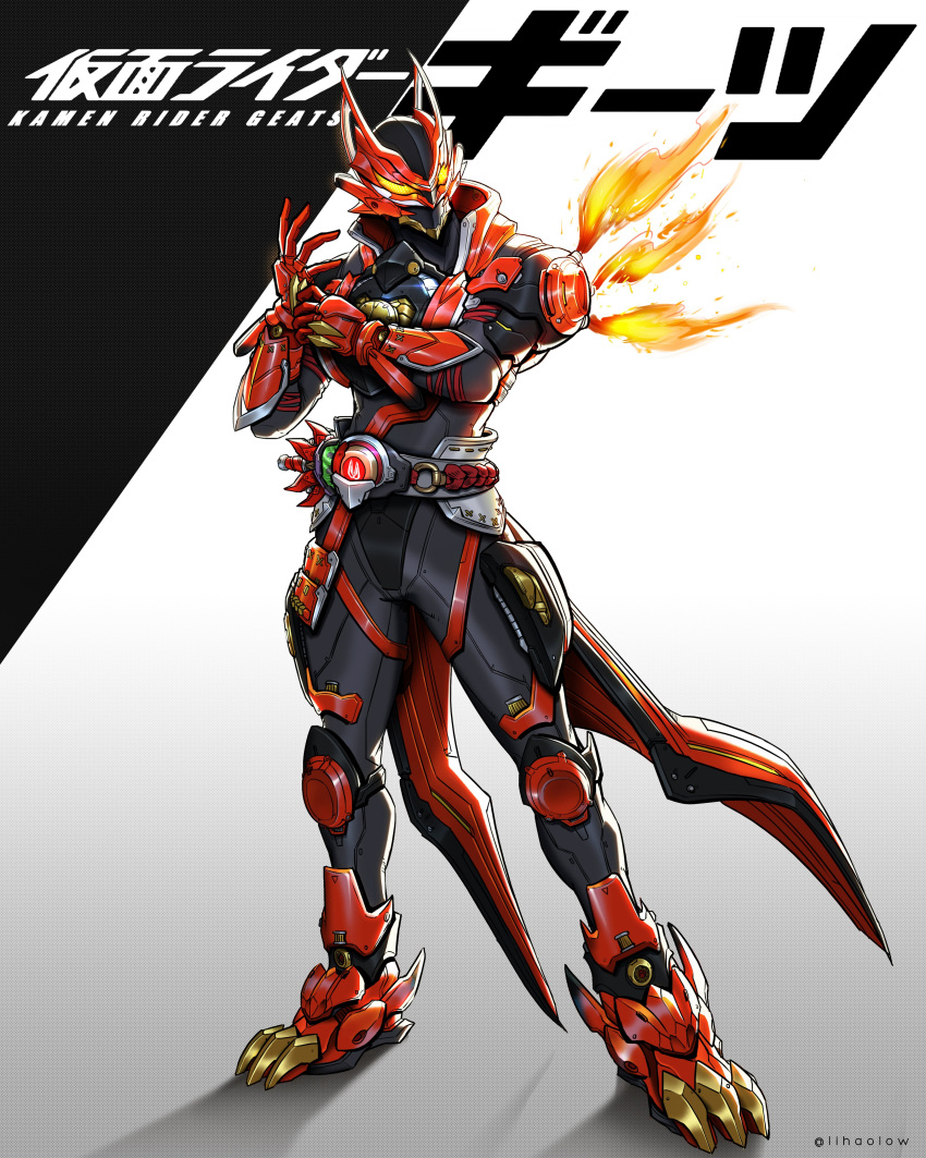 1boy absurdres armor black_bodysuit bodysuit boost_mark_ii_buckle claws commentary compound_eyes copyright_name desire_driver fire fox_mask glowing glowing_eyes helmet highres kamen_rider kamen_rider_geats kamen_rider_geats_(series) kamen_rider_geats_boost_mark_ii kitsune lihaolow looking_to_the_side mask red_armor redesign rider_belt shadow solo tokusatsu twitter_username yellow_eyes