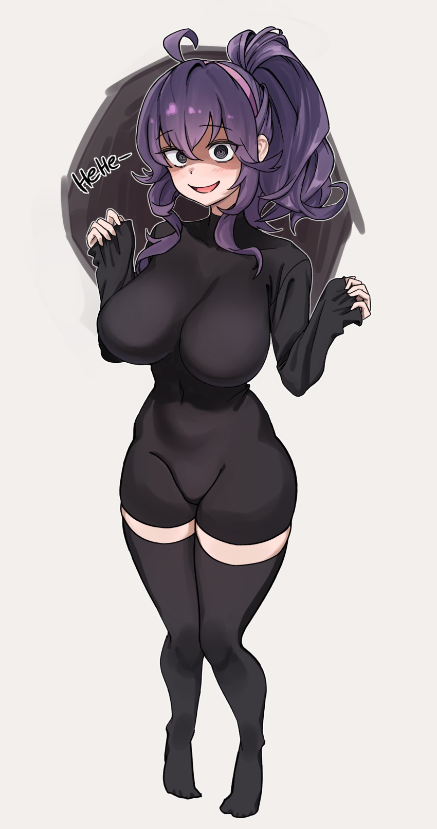 1girl absurdres ahoge alternate_breast_size alternate_hairstyle black_eyes black_thighhighs blush breasts clothing_request commentary gungye hair_between_eyes hairband hex_maniac_(pokemon) high_ponytail highres large_breasts laughing looking_at_viewer no_shoes open_mouth pokemon pokemon_xy purple_hair purple_hairband sidelocks sleeves_past_wrists solo thighhighs white_background
