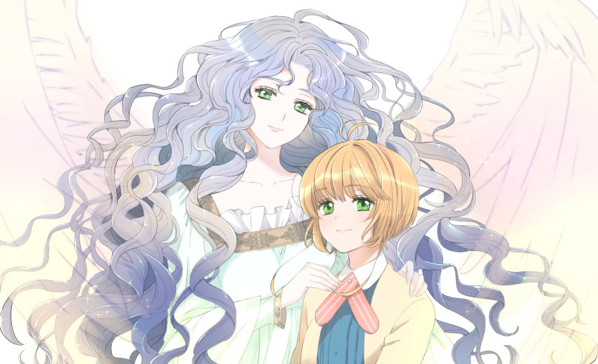 2girls angel angel_wings antenna_hair bad_id bad_twitter_id blue_dress cardcaptor_sakura commentary_request dress green_eyes grey_hair hands_on_another's_shoulders jacket kinomoto_nadeshiko kinomoto_sakura light_brown_hair long_hair mother_and_daughter multiple_girls open_clothes open_jacket rii2a77ru short_hair smile very_long_hair wavy_hair white_background white_dress white_wings wings