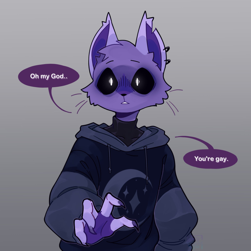 1:1 anthro catnap_(poppy_playtime) claws clothed clothing dialogue domestic_cat english_text felid feline felis hi_res hoodie looking_at_viewer lycheespot male mammal mob_entertainment poppy_playtime simple_background smiling_critters solo speech_bubble text topwear unsigned