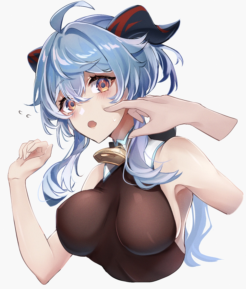 1girl 1other :o ahoge bare_arms bare_shoulders blue_hair bodystocking breasts commentary_request cropped_torso disembodied_limb ganyu_(genshin_impact) genshin_impact grey_background hand_up highres horns kmes_niku large_breasts long_hair looking_at_viewer open_mouth orange_eyes simple_background solo_focus upper_body