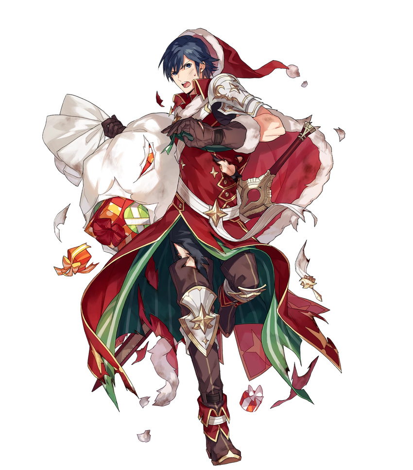 armor bangs blue_eyes blue_hair boots box brown_gloves cape ebira falchion_(fire_emblem) fire_emblem fire_emblem:_kakusei fire_emblem_heroes full_body fur_trim gift gift_box gloves hat highres holding krom leg_up male_focus official_art open_mouth pants sack santa_costume santa_hat scar sheath sheathed shoulder_armor sleeveless solo thigh_boots thighhighs torn_clothes transparent_background