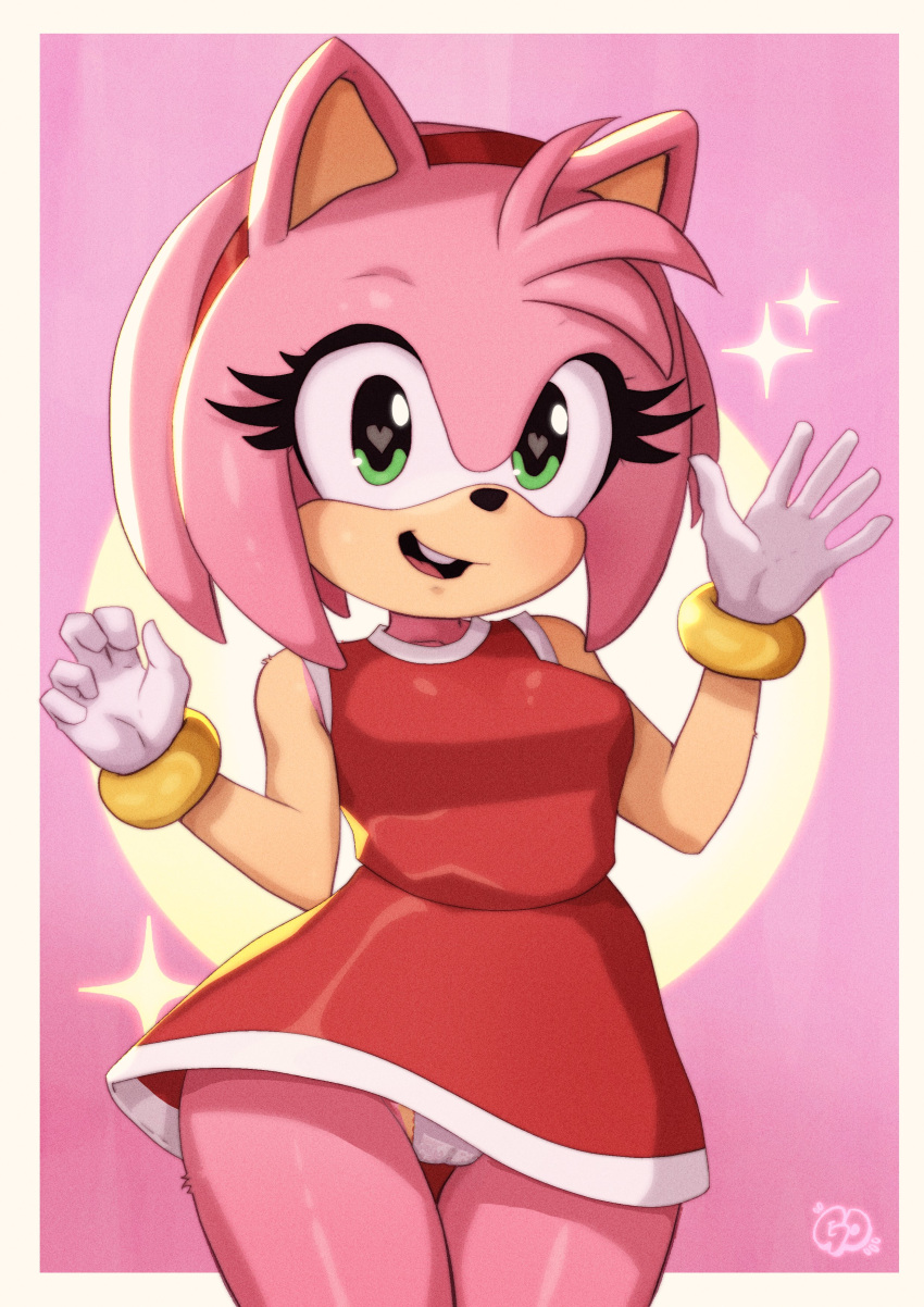 absurd_res amy_rose anthro camel_toe clothed clothing dress eulipotyphlan female gesture gravydood heart_eyes heart_symbol hedgehog hi_res looking_at_viewer mammal panties pink_body sega simple_background smile solo sonic_the_hedgehog_(series) underwear upskirt waving