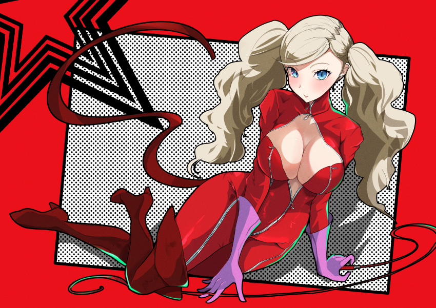 1girl absurdres blonde_hair blue_eyes bodysuit boots breasts cat_tail cleavage earrings full_body gloves high_heel_boots high_heels highres jewelry large_breasts long_hair looking_at_viewer lying on_side persona persona_5 purple_gloves red_background red_bodysuit solo stud_earrings tail takamaki_anne tongue tongue_out twintails whip yozo7222 zipper_pull_tab
