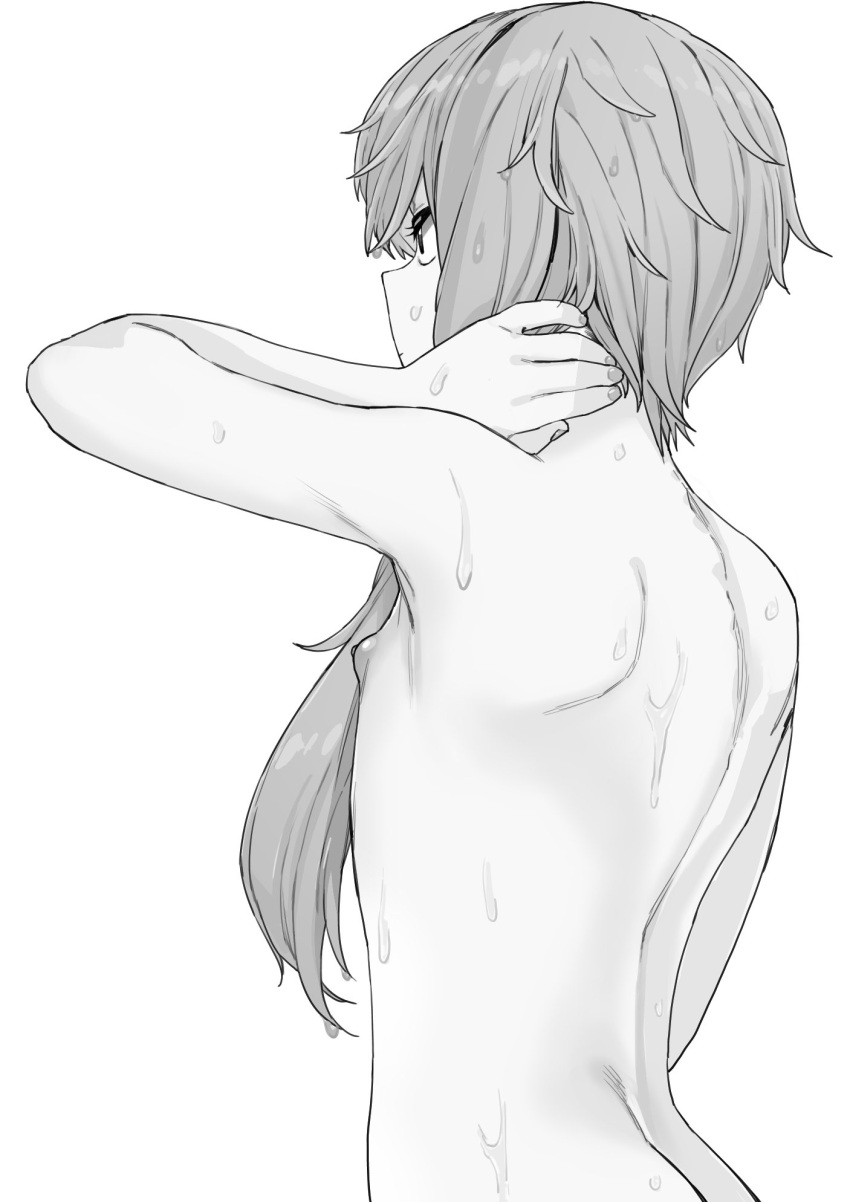 1girl ass back flat_chest from_behind greyscale highres monochrome mukago_(mukagomumumu) nipples nude short_hair_with_long_locks simple_background solo upper_body vocaloid voiceroid wet wet_hair yuzuki_yukari