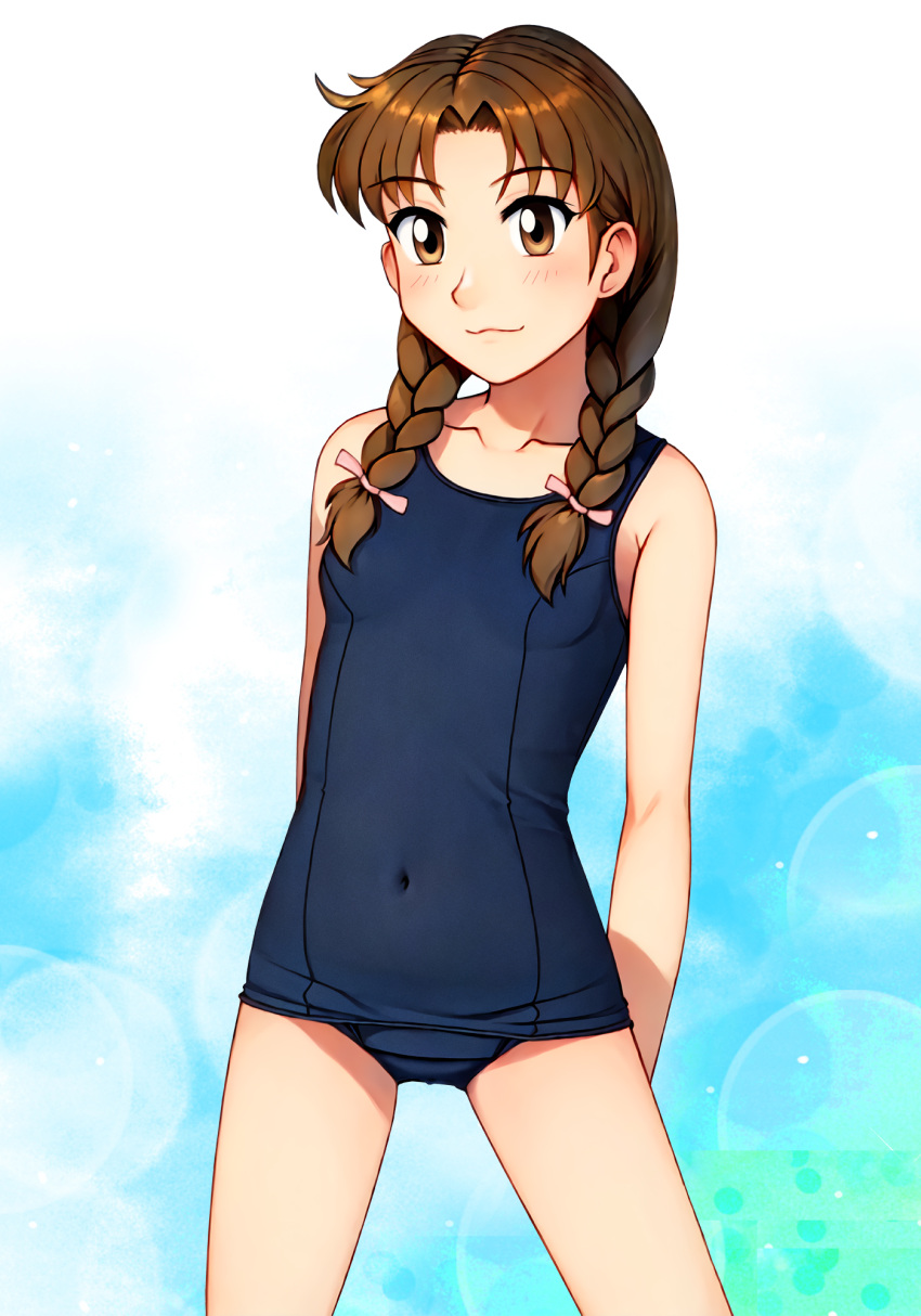 1girl arms_behind_back blue_background blue_one-piece_swimsuit braid breasts brown_eyes brown_hair covered_navel highres low_twintails neopure okano_youko old_school_swimsuit one-piece_swimsuit school_swimsuit small_breasts solo standing swimsuit true_love_story twin_braids twintails