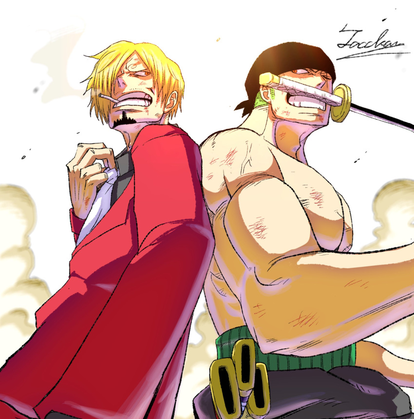 2boys bandana black_bandana black_shirt blonde_hair cigarette commentary_request cowboy_shot curly_eyebrows facial_hair from_below goatee green_hair haramaki highres jacket looking_at_another male_focus multiple_boys mustache_stubble necktie one_piece red_jacket red_suit roronoa_zoro sanji_(one_piece) scar scar_across_eye shirt short_hair sideburns signature smoke stubble suit tacchan56110 topless_male unsheathed weapon_in_mouth white_necktie