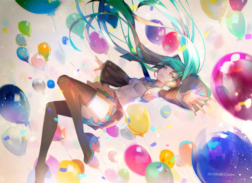 :d aqua_hair balloon black_footwear black_legwear black_skirt blurry boots breasts commentary confetti dated depth_of_field detached_sleeves falling hatsune_miku headset highres long_hair open_mouth outstretched_arms pleated_skirt shirt skirt sleeveless sleeveless_shirt small_breasts smile solo thigh_boots thighhighs twintails twitter_username vocaloid weed_(astarone)