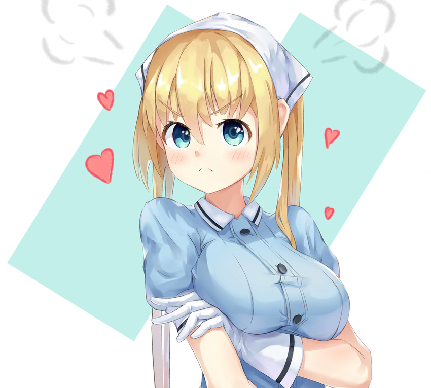 &gt;:( absurdres blend_s blonde_hair blue_eyes blush breast_hold breasts eyebrows_visible_through_hair frown gloves heart highres hinata_kaho large_breasts looking_at_viewer medium_hair pohdae pout simple_background solo stile_uniform tsundere upper_body v-shaped_eyebrows white_gloves