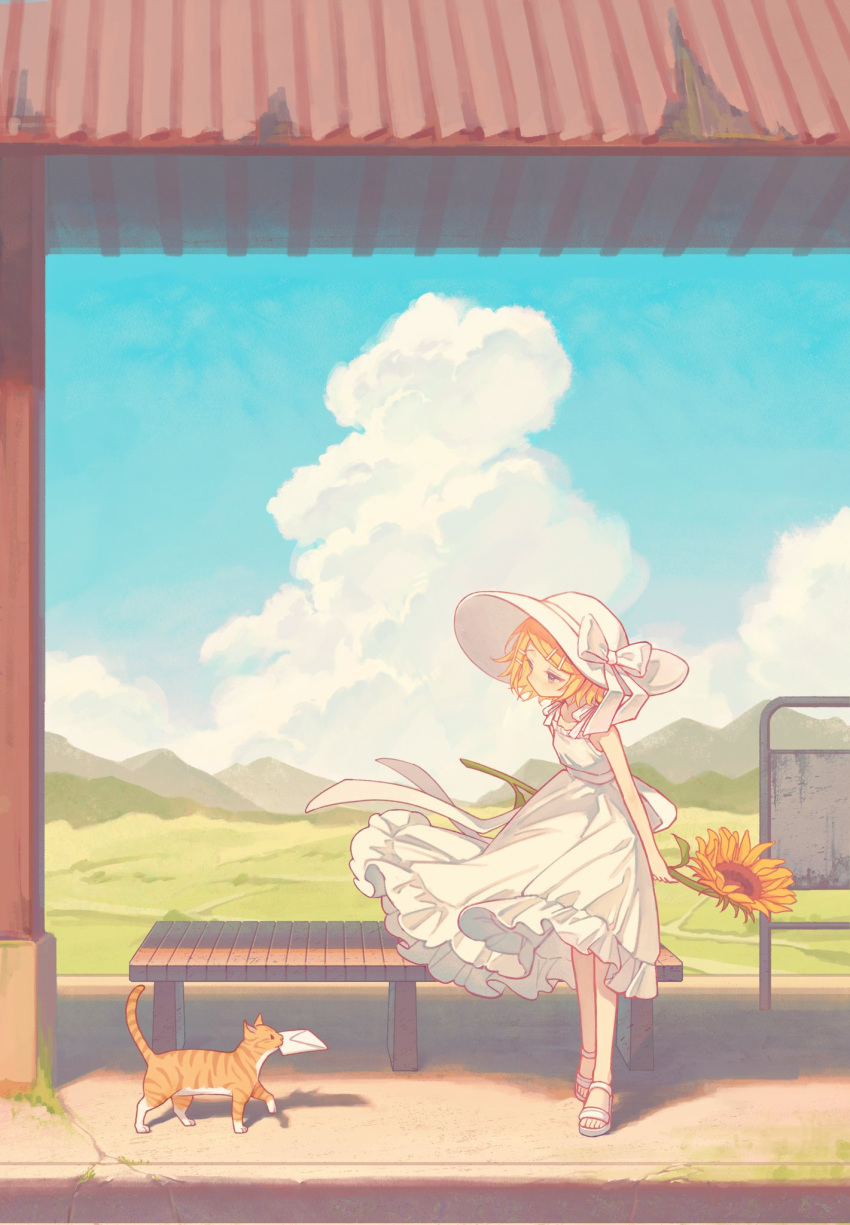 1girl bench blonde_hair blue_eyes blue_sky bow bus_stop cat cloud cumulonimbus_cloud day dress eob field flat_chest flower frilled_dress frills grass grasslands hair_ornament hairclip half-closed_eyes hat hat_bow hat_ribbon highres hill holding holding_flower kagamine_rin letter light_blush long_dress medium_hair mountainous_horizon mouth_hold orange_fur outdoors ribbon road sandals skinny sky sleeveless sleeveless_dress striped_fur sun_hat sundress sunflower vocaloid walking white_bow white_dress white_footwear white_hat white_ribbon wind