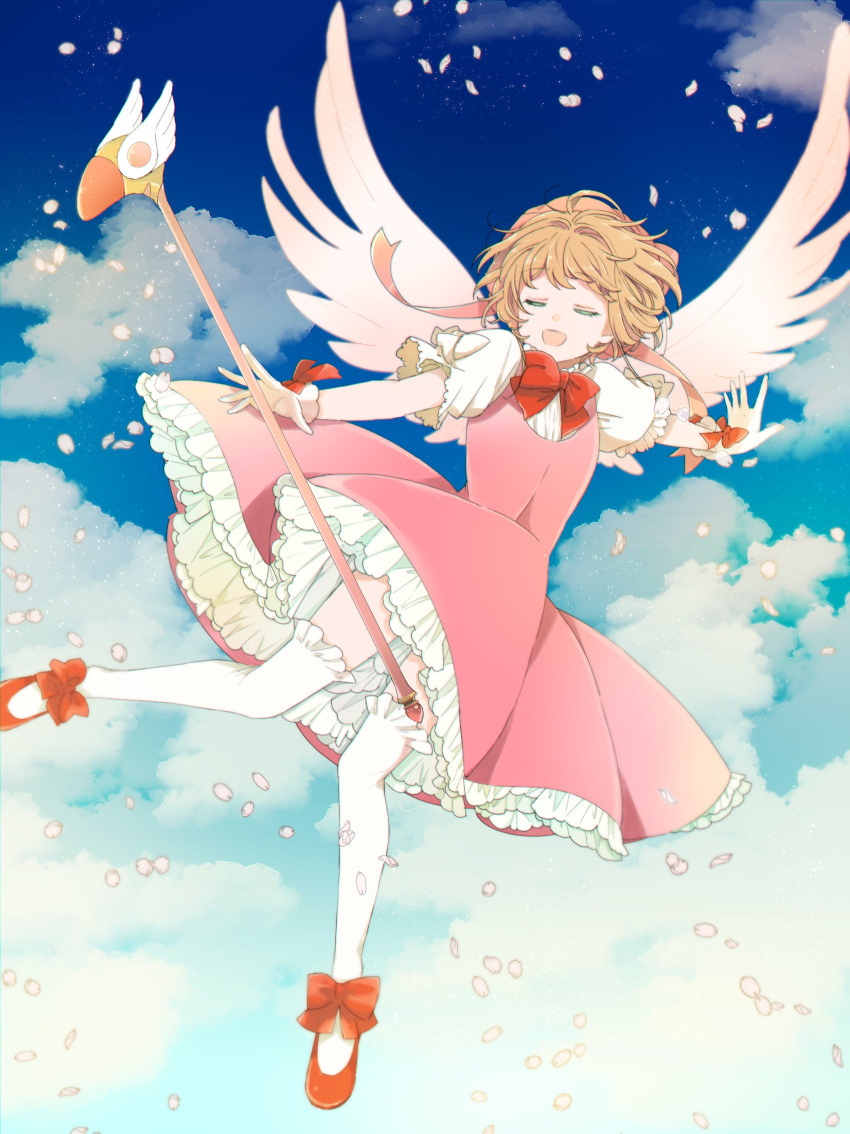 1girl bad_id bad_twitter_id blue_sky cardcaptor_sakura closed_eyes cloud dress flying frilled_dress frills full_body fuuin_no_tsue gloves highres kinomoto_sakura light_brown_hair magical_girl open_mouth petals pink_dress rii2a77ru short_hair sky solo thighhighs white_gloves white_thighhighs white_wings wings