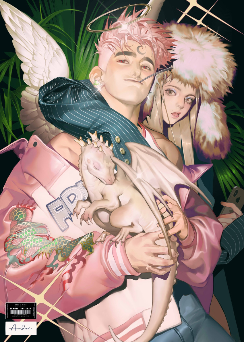 1boy 1girl angel angel_wings animal arm_around_shoulder blonde_hair dragon earrings eyeshadow feathered_wings fur-trimmed_headwear fur_trim halo highres holding holding_animal holding_phone jacket jewelry long_hair looking_at_viewer makeup mouth_hold open_mouth original phone pink_hair pink_jacket sailor18moon short_hair single_off_shoulder sparkle thick_eyebrows upper_body wings