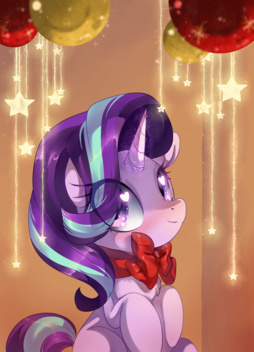 &lt;3 &lt;3_eyes 2017 blush bow_tie chest_tuft christmas cute equine eyelashes female friendship_is_magic fur hair holidays horn lights looking_at_viewer loyaldis magic makeup mammal mascara multicolored_hair my_little_pony ornaments sitting smile solo sparkles star starlight_glimmer_(mlp) tuft two_tone_hair unicorn