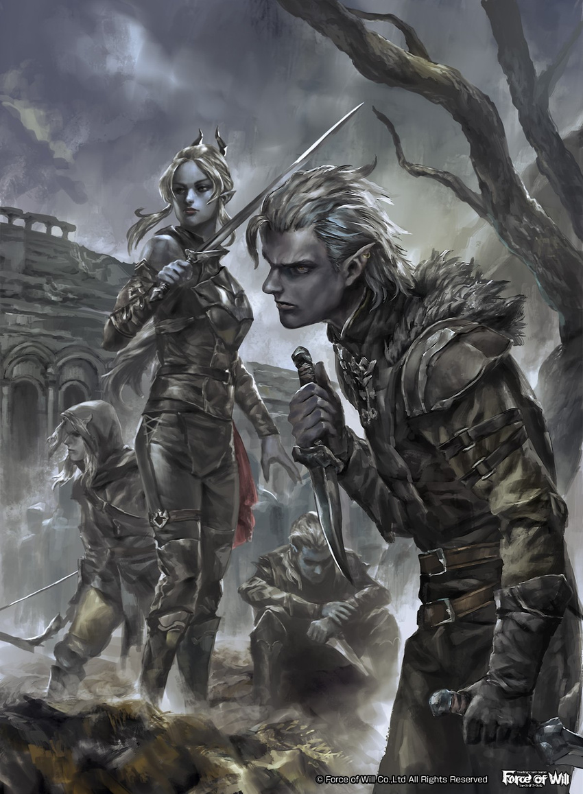 1girl armor bow_(weapon) cloud cloudy_sky copyright_name dagger dark_elf elf faceless faceless_female faceless_male force_of_will fur_trim grey_skin highres hood long_hair mad_(artist) official_art piercing pointy_ears sky sword tree weapon white_hair yellow_eyes