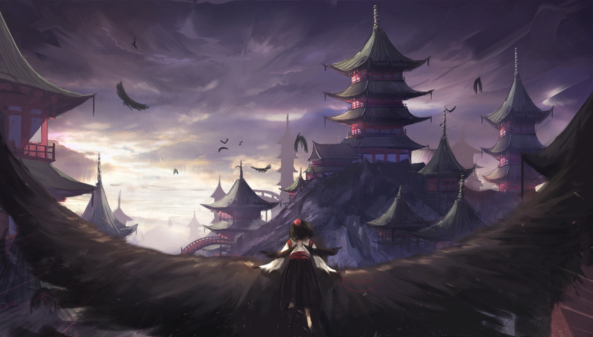architecture bird black_hair black_skirt black_wings bridge commentary_request crow east_asian_architecture feathered_wings fjsmu from_behind hat highres kourindou_tengu_costume long_skirt mountain outdoors pagoda shameimaru_aya skirt sky solo tokin_hat touhou twilight wings