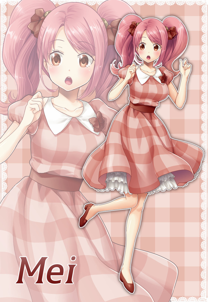 alternate_costume blush breasts character_name contemporary dress fire_emblem fire_emblem_echoes:_mou_hitori_no_eiyuuou frills full_body hair_ribbon high_heels highres leg_up long_hair mae_(fire_emblem) medium_breasts open_mouth pink_hair plaid plaid_background plaid_dress red_eyes ribbon solo twintails yuino_(fancy_party) zoom_layer