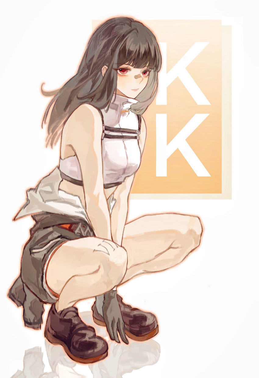 1girl bandaid bandaid_on_face bandaid_on_nose bare_arms bare_legs bare_shoulders black_footwear black_gloves black_hair blunt_bangs breasts character_name chinese_commentary clothes_around_waist commentary crop_top from_side full_body gloves grey_shorts hand_on_floor highres k.k._(path_to_nowhere) leg_tattoo loafers long_hair looking_at_viewer looking_to_the_side medium_breasts midriff own_hands_together path_to_nowhere red_eyes reflective_floor shirt shoes shorts sideways_glance sleeveless sleeveless_shirt solo squatting tattoo turtleneck turtleneck_shirt white_background white_shirt xiyiji_li_you_zhi