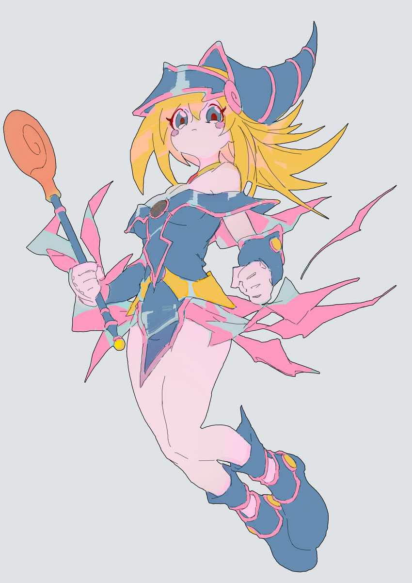 1girl artist_request bare_legs bare_shoulders blonde_hair blush boots breasts cape choker cleavage collarbone dark_magician_girl duel_monster female hair_between_eyes hat long_hair magical_girl sketch solo staff wizard_hat yu-gi-oh!